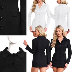 Frauen Kleid Cocktail Blazer Klappe Taschen Röcke Lapel Uniform Langarm Arbeit - Picture 1 of 22
