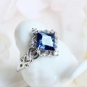925 Silver Plated  Blue Cubic Zirconia Ring Silver Color Fine Jewelry Size 9 - Picture 1 of 5