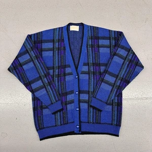 Vintage Pendleton Sweater Mens Large Blue Plaid Wool Cardigan Made USA 80s - Picture 1 of 11