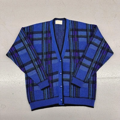 Vintage Pendleton Sweater Mens Large Blue Plaid Wool Cardigan Made USA 80s - Image 1 of 4
