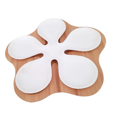 Plateau apéritif en forme de fleur  5 compartiments porcelaine blanche et bambou - Photo 1/4