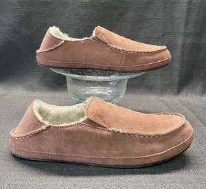 OLUKAI NOHEA Fur Slippers Nubuck Rose Pink Leather Slip On  39.5 women 9 - Picture 1 of 16