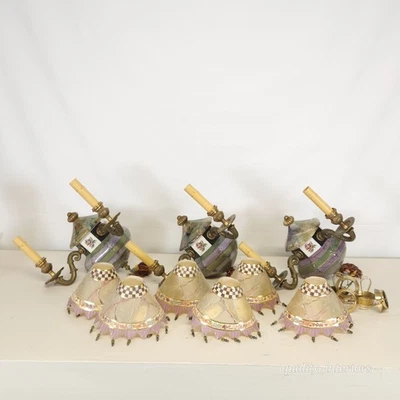 Juego de 3 apliques y cortinas de pared vintage de porcelana y latón Mackenzie Childs Foto 1 de 4