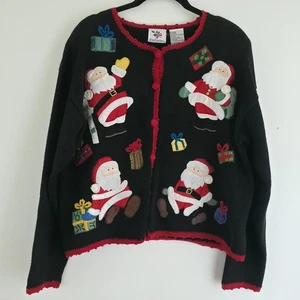 Ugly Christmas Sweater Cardigan Nutcracker Women's M Black w/ Red Crochet Santas - Picture 1 of 21