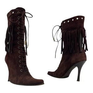 Vintage BEBE Womens 8 Suede Leather Boots Fringe Grommets Stiletto Pointed BROWN - Picture 1 of 16