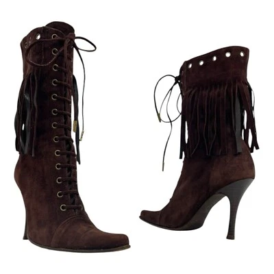 De colección BEBE Mujer 8 Gamuza Cuero Botas Flecos Ojales Stiletto Punta MARRÓN Foto 1 de 4