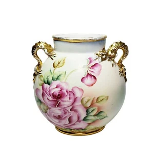 Jean Pouyat Limoges Doppel Drachengriff 8" Kissen Vase Rose Blumenmuster - Bild 1 von 8