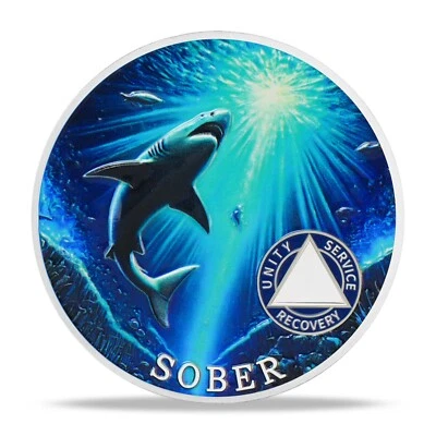 Sober Shark Sobriety Coin 1-65 Year AA Chips And  Medallion Sober Gifts For Men - Image 1 of 4