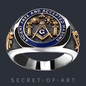 Masonic Ring Freimaurer A.F.A.M. AF AM Sonne Mond Silber 925 mit GoldPlattierung - Bild 1 von 12