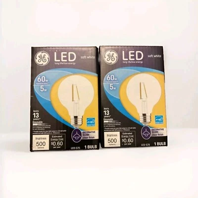 2x GE 24601 G25 LED Globe Bulb Clear Soft White 5 Watts 500 Lumens Replaces 60W - Image 1 of 2