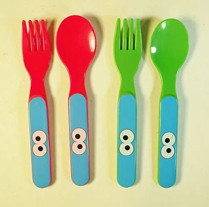 Set of 4 Sesame Street Cookie Monster Plastic Forks and Spoons - Green and Red - Picture 1 of 1