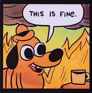 Sticker - KC Green's This Is Fine Question Hound Meme Fire 4" x 4" Color #5996 - Picture 1 of 1