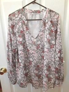 Damenbluse Übergröße 2X transparent gefüttert grau mit rosa Blumen V-Ausschnitt Langarm - Bild 1 von 6