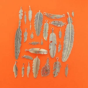 Colección de plumas de lujo tono plata antiguo 27 dijes diferentes - COL451H - Imagen 1 de 1