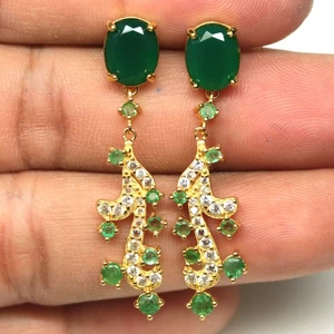 Boucles d'oreilles en argent sterling 925 agate verte, émeraude et zircon plaqué or 18 carats - Photo 1/4