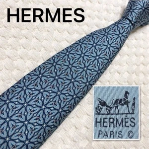 HERMES Necktie all-over pattern 100% silk made in France blue business - Picture 1 of 9