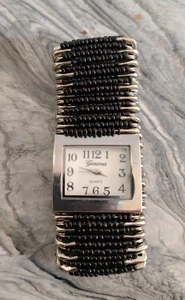 Geneva Watch Women Silver And Blavk Bead Safety Pins Stretch Band 7.25" - Picture 1 of 2
