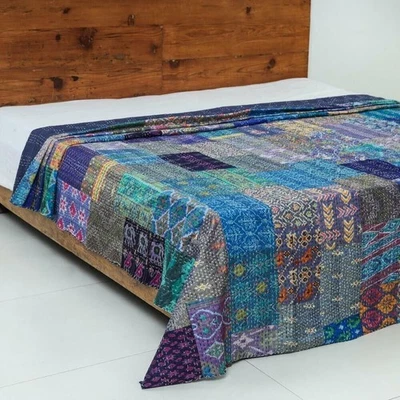 Patchwork Quilted Kantha Handmade Throw Bed Cover Reversible Quilt - Image 1 of 4
