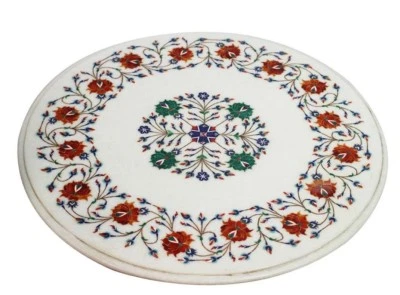 18" round Marble coffee Table Top marquetry floral art inlay handmade work - Image 1 of 4