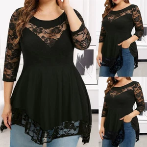 PLUS SIZE ⭐ Sexy Women Lace Floral 3/4 Sleeve Shirt Casual Blouse Tunic Long Top - Picture 1 of 13