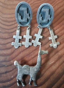 Sterling Silver Tribal Ethnic Jewelry Taxco Earrings, 925 Llama Brooch - Picture 1 of 4