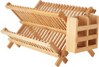Bamboo Dish Drying Rack, 2 Tier Collapsible Dish Rack with Utensil Holder, Woode