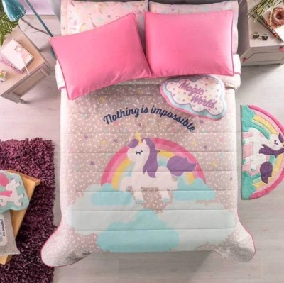 NUEVO BONITO CONJUNTO DE EDREDÓN REVERSIBLE UNICORNIO NIÑOS NIÑAS 4 PIEZAS COMPLETO Foto 1 de 4