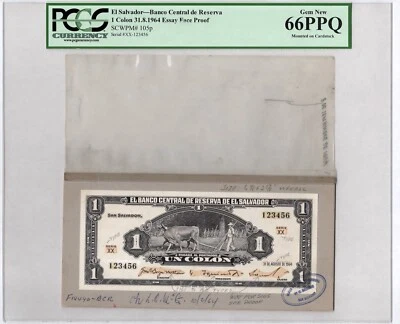 El Salvador 1 Colones 31-8-1964 P105p " Essay Face Proof" Uncirculated Grade 66 - Image 1 of 2