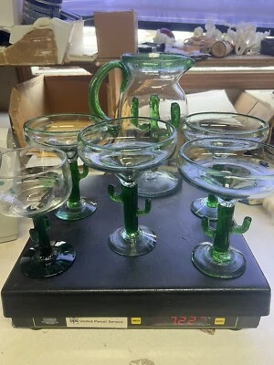 Juego de 5 vasos jarra de cactus margarita de vidrio soplado a mano mexicano Foto 1 de 4