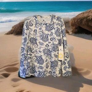 NWT Tenth & Ocean UPF 50 Sun Protection Top Paisley Large L Blue White Beach - Imagen 1 de 9