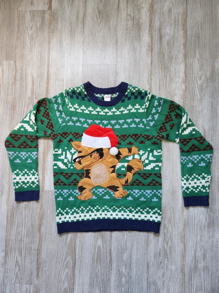 Suéter Dab Holiday Time Ugly Christmas Cat listra verde malha infantil tamanho XL 14-16 - Imagem 1 de 4