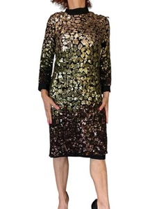 Women's Lanvin Ombré Gold Sequin Dress 3/4 Sleeves Shift Cocktail Midi XS - Picture 1 of 18