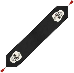 Halloween Gothic Totenkopf Tischläufer 72" lang mit Pailletten Perlen und roten Quasten - Bild 1 von 5