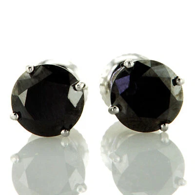 Real Diamond Stud Earrings Black Round Shape Treated 14K White Gold 2.65 Carat - Image 1 of 4