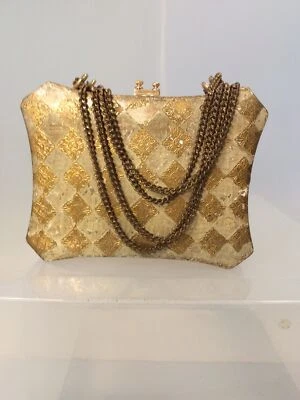 Bolso de mano vintage de madera dorada arlequín 1960 hecho a mano Foto 1 de 4