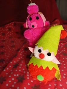 Vintage Elf Pom Pom Christmas Ornament Pink Pooch Puppy - Picture 1 of 5