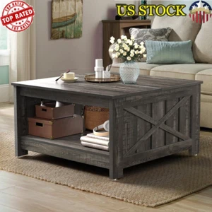 Farmhouse Coffee Table W/ Open Storage Sliding Barn Doors Rustic Design New - Picture 1 of 7