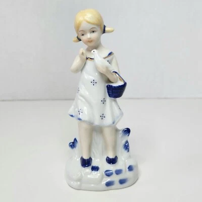 Estatuilla de paloma niña porcelana vintage azul blanco cerámica adorno dorado 1993 Corea Foto 1 de 4