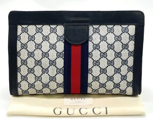 Authentic Gucci GG PVC Leather Sherry Line Navy Clutch Bag W/Bag NS041086 - Picture 1 of 18