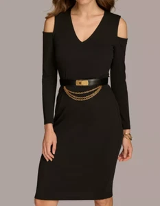 Donna Karan New York Belted Long Sleeve Cold Shoulder Dress In Black Size L NWT - Picture 1 of 6