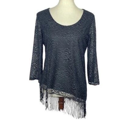 Melissa Page Shirt Womens Medium Black Crochet Scoop Neck Fringe Whimsigoth - Image 1 of 4