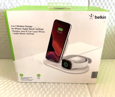 Belkin - Soporte de carga rápida inalámbrico 3 en 1 para iPhone, reloj y AirPods - Blanco Foto 1 de 4