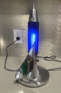 Org. ART DECO TABLE LAMP Cobalt Blue Glass Cylinder & Chrome Sailboat w/bulb 15" - Picture 1 of 12