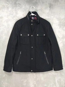 Cole Haan Coat Mens Medium Black Melton Wool Blend Jacket Hidden Hood Lined - Picture 1 of 9