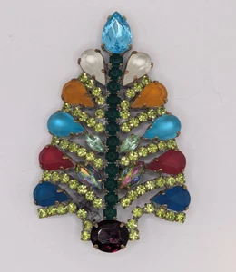 Vintage Christmas Tree Pin Frosted Glass AB Multicolor Rhinestone - Picture 1 of 4
