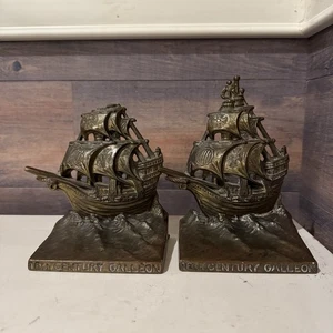 Vintage Weidlich Brothers WB Bronze Cast Iron Bookends Pair Galleons Ships Boats - Picture 1 of 13