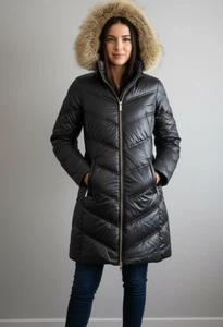 MICHAEL KORS Down Hooded Puffer Jacket Parka Coat Sz XS Navy Blue Faux Fur Trim - Picture 1 of 14