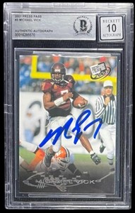 MICHAEL VICK SIGNED 2001 PRESS PASS #3 ROOKIE CARD BECKETT AUTO GRADE 10 570