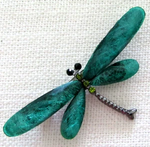 Broche Pin Libélula Verde Azulado Alas Acrílicas con Estrás Verde Tono Plata Metal - Imagen 1 de 3