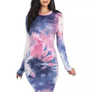 Tie-dye Long Sleeve Bodycon Mini Dress | Casual Purple Bodycon Dress - Picture 1 of 4